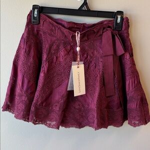 Love Shack Fancy Burgundy Lace Mini Skirt